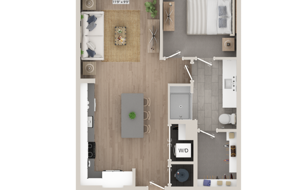 A3N - 1 bedroom floorplan layout with 1 bath and 738 square feet. (3D)