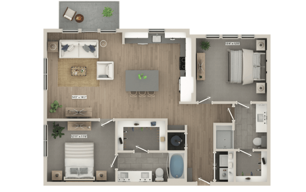 2 bedroom layout with spacious living areas at Mason + Mill