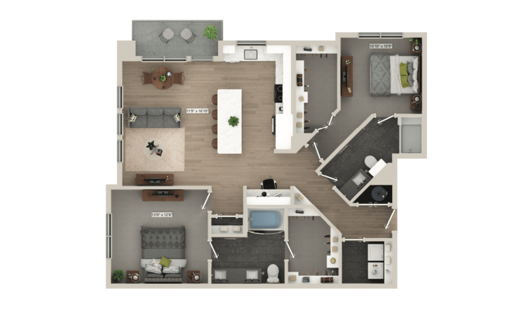 Two-bedroom layout with spacious living areas at Mason + Mill, apartments in Mansfield, TX