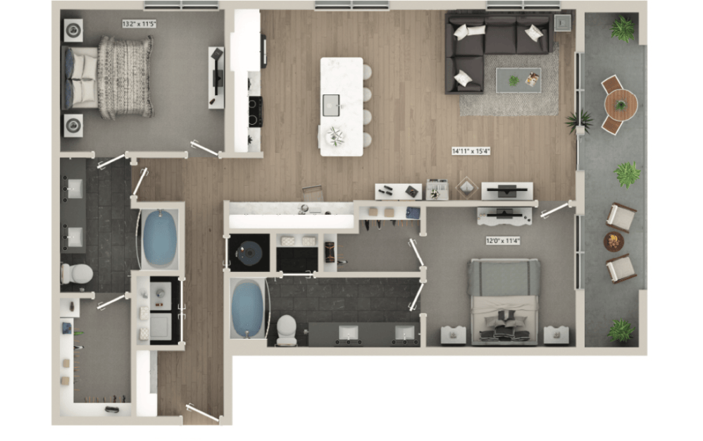 2 bedroom apartment floor plan at Mason + Mill, Mansfield apartments