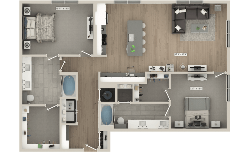 Two-bedroom floor plan with modern living spaces at Mason + Mill, Mansfield apartments