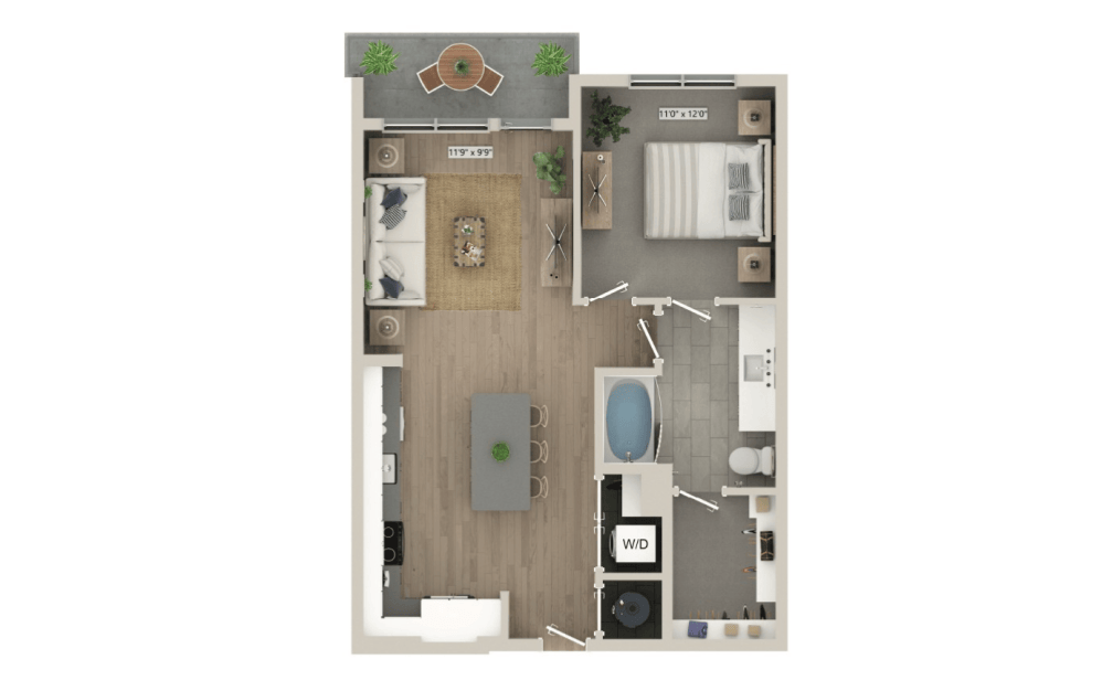 Floor plan with kitchen and living space at Mason + Mill, luxury apartments in Mansfield, TX