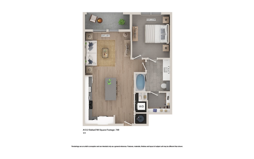 Ballast 749 - 1 bedroom floorplan layout with 1 bath and 749 square feet.