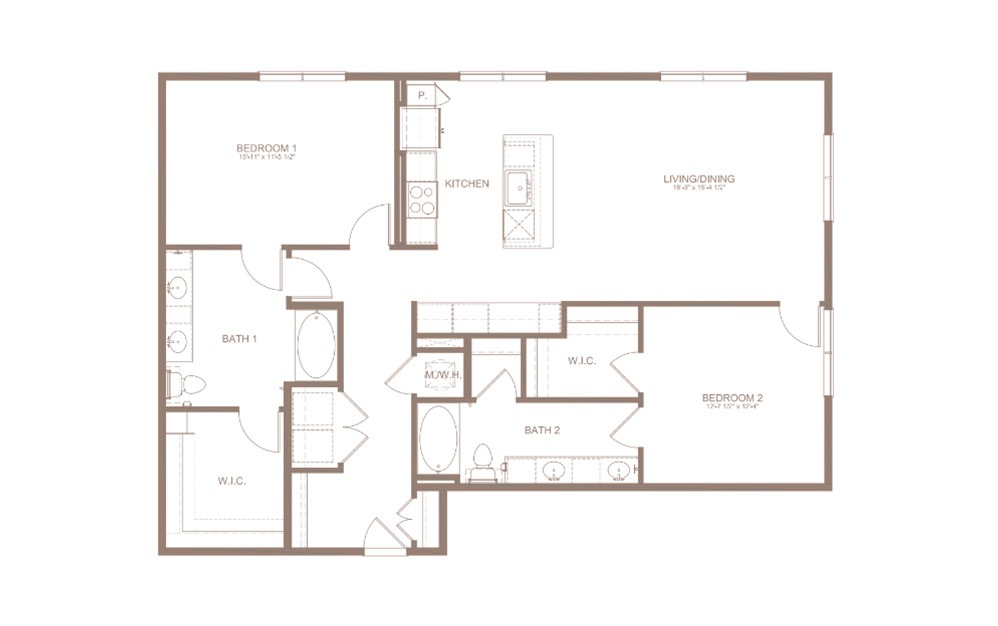 B9A - 2 bedroom floorplan layout with 2 baths and 1437 square feet. (2D)
