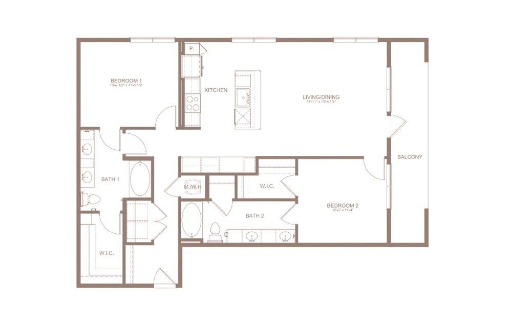 B9 - 2 bedroom floorplan layout with 2 baths and 1252 square feet. (2D)