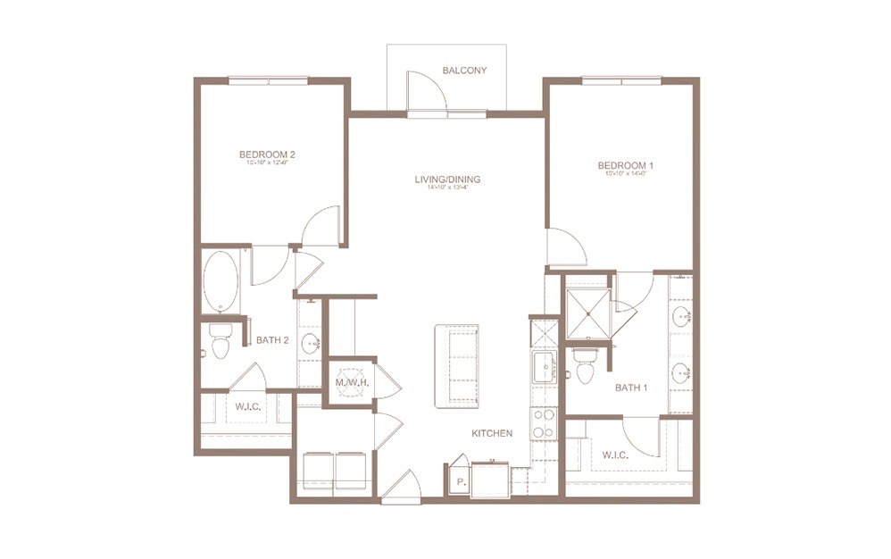 B8 - 2 bedroom floorplan layout with 2 baths and 1154 square feet. (2D)