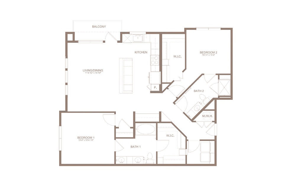 B7A - 2 bedroom floorplan layout with 2 baths and 1271 square feet. (2D)