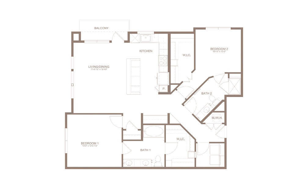 B7 - 2 bedroom floorplan layout with 2 baths and 1268 square feet. (2D)