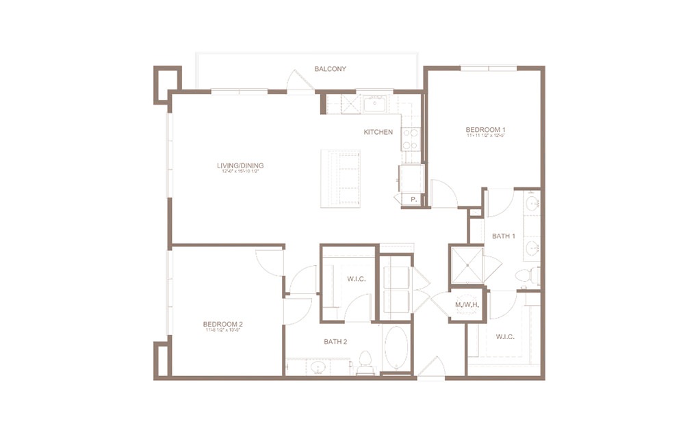 B6 - 2 bedroom floorplan layout with 2 baths and 1266 square feet. (2D)