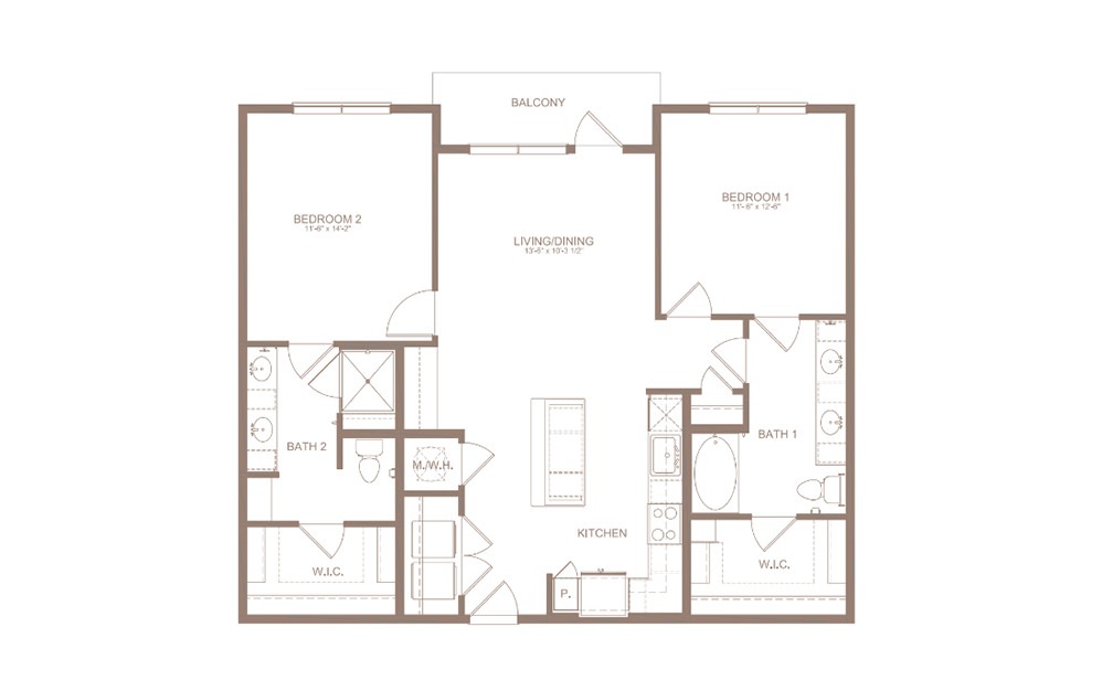 B3 - 2 bedroom floorplan layout with 2 baths and 1183 square feet. (2D)
