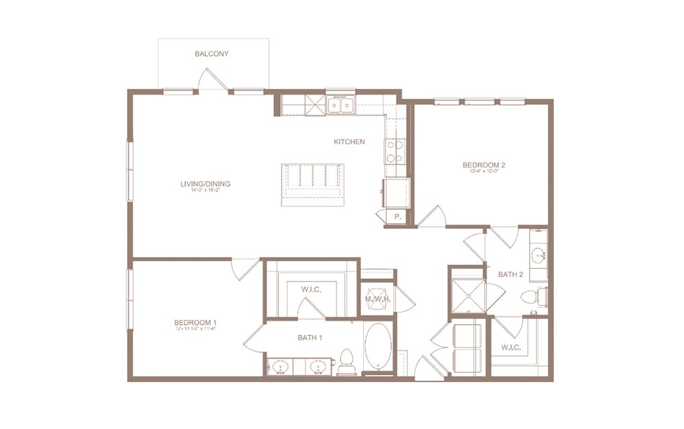 B2B - 2 bedroom floorplan layout with 2 baths and 1203 square feet. (2D)