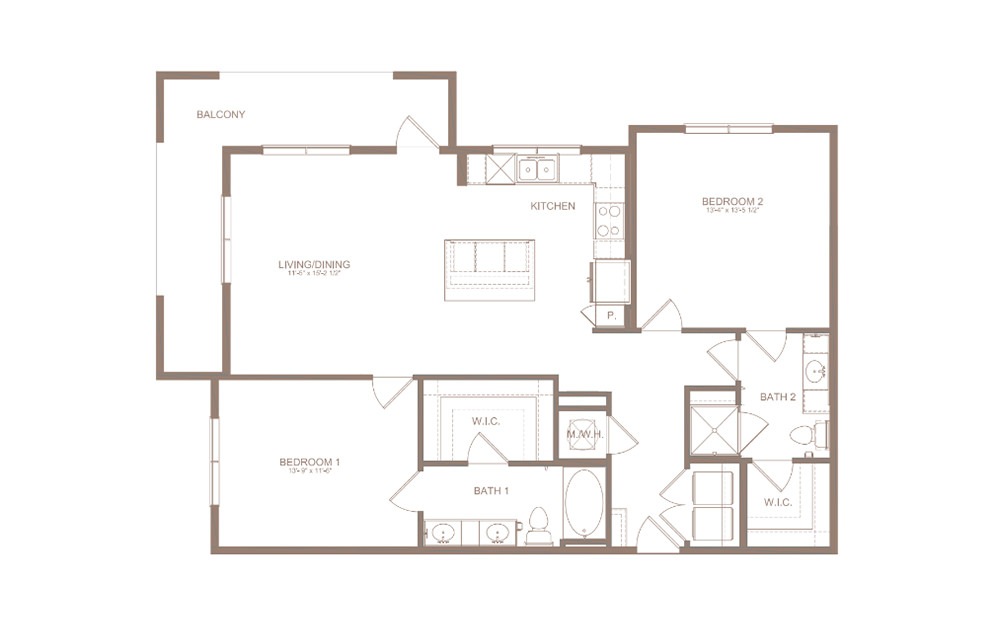 B2A - 2 bedroom floorplan layout with 2 baths and 1208 square feet. (2D)