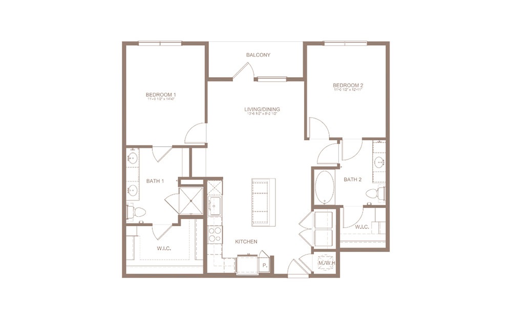 B1A - 2 bedroom floorplan layout with 2 baths and 1128 square feet. (2D)