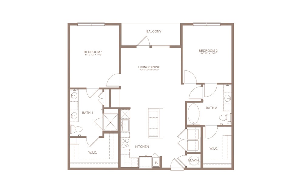 B1 - 2 bedroom floorplan layout with 2 baths and 1153 square feet. (2D)