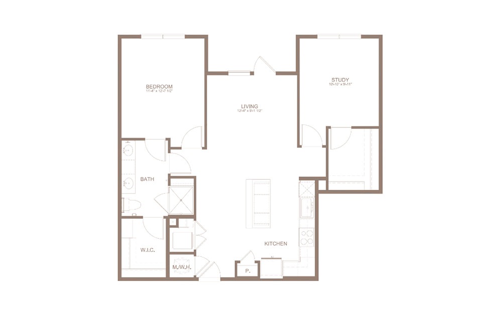 A8A - 1 bedroom floorplan layout with 1 bath and 1042 square feet. (2D)