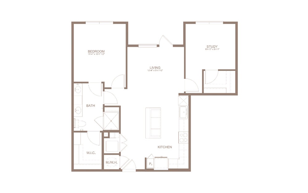 A8 - 1 bedroom floorplan layout with 1 bath and 942 square feet. (2D)