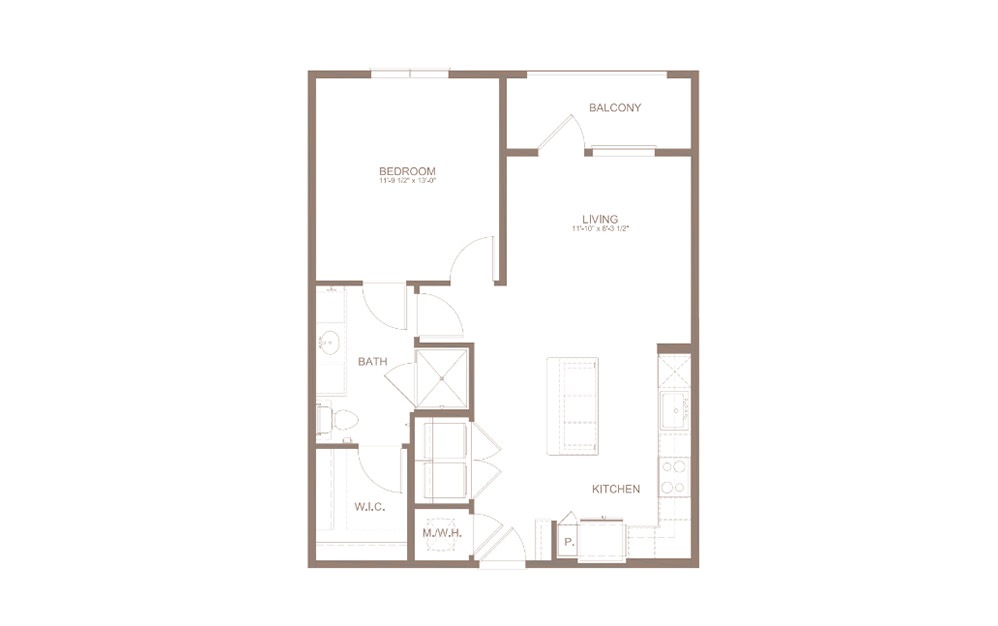 A6B - 1 bedroom floorplan layout with 1 bath and 734 square feet. (2D)