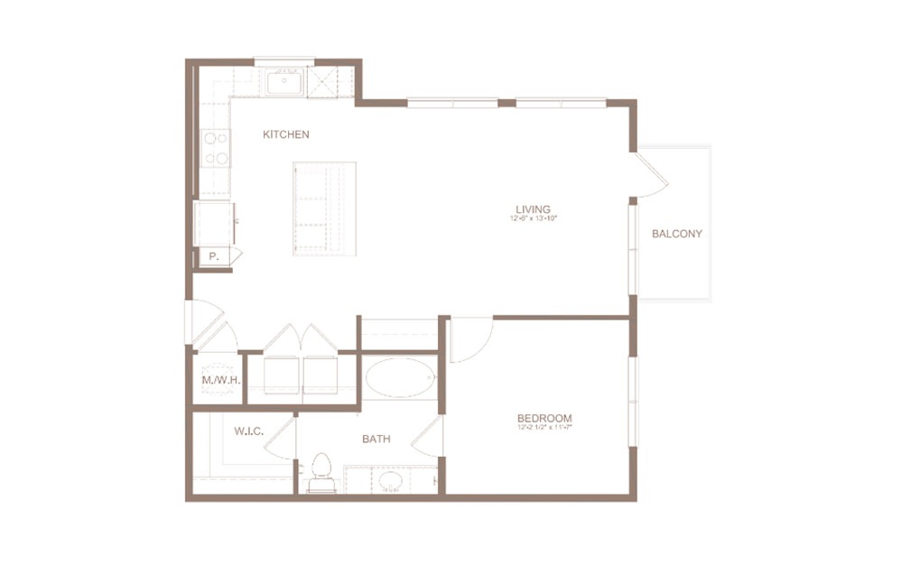 A5A - 1 bedroom floorplan layout with 1 bath and 827 square feet. (2D)