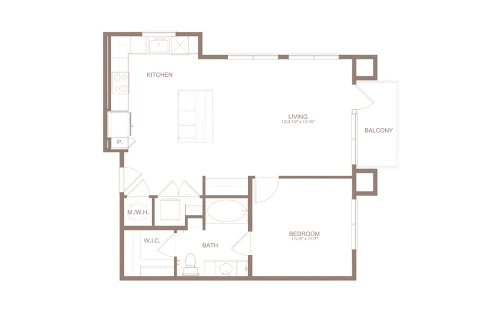 A5 - 1 bedroom floorplan layout with 1 bath and 797 square feet. (2D)