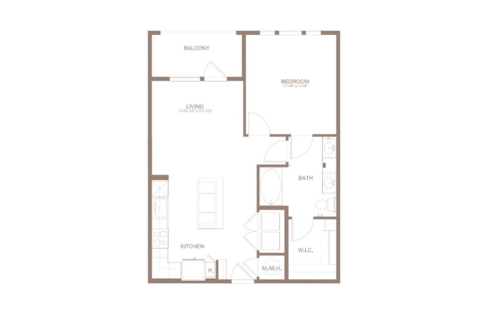 A4A - 1 bedroom floorplan layout with 1 bath and 744 square feet. (2D)
