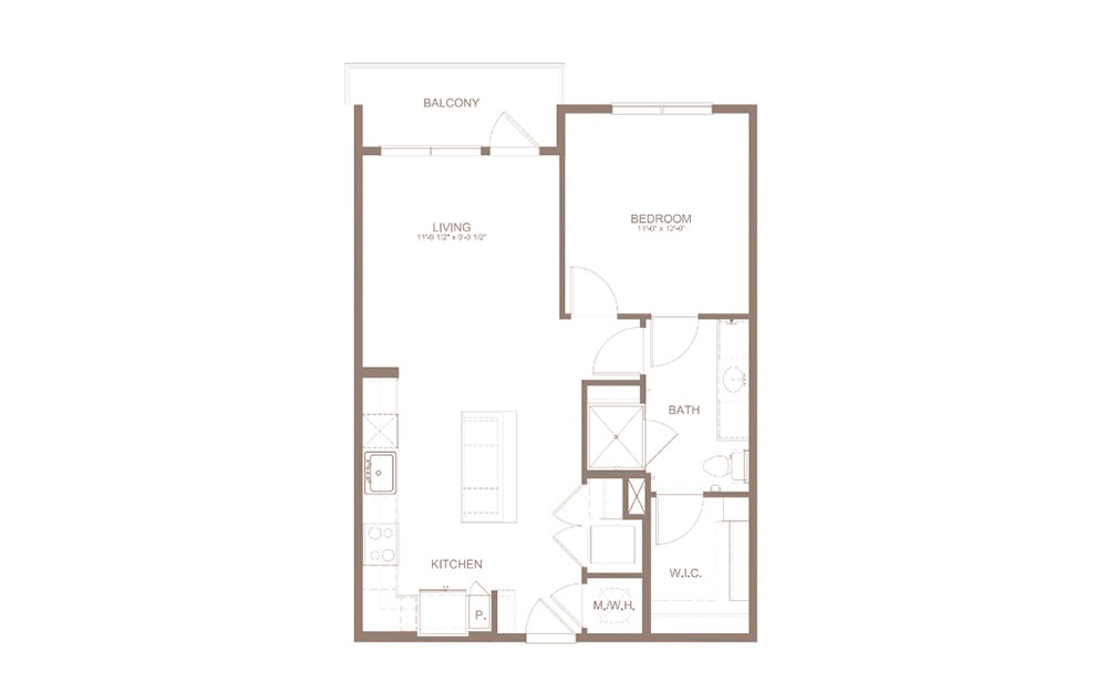 A3N - 1 bedroom floorplan layout with 1 bath and 738 square feet. (2D)