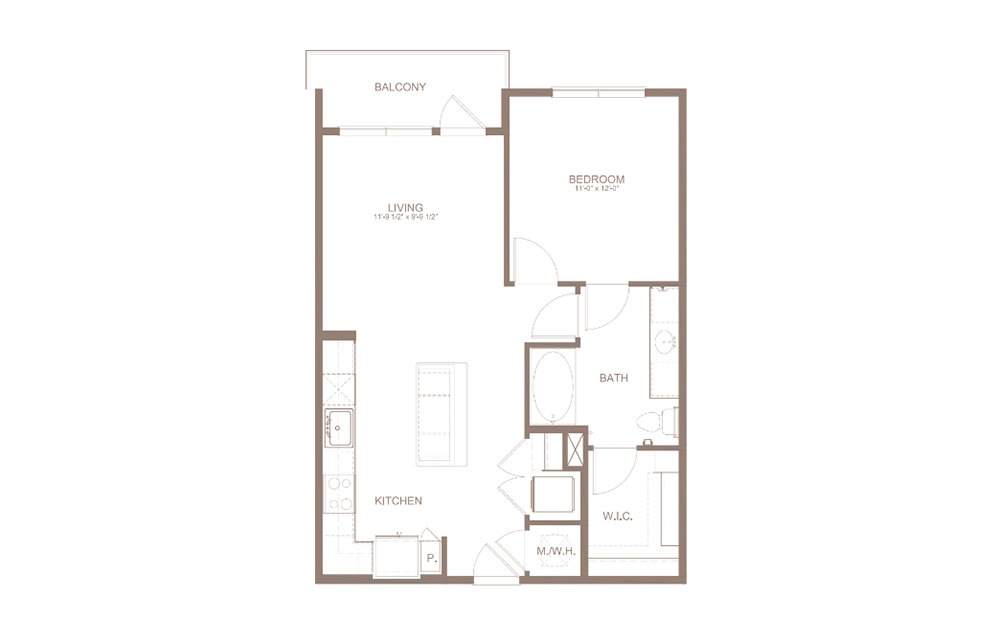 A3 - 1 bedroom floorplan layout with 1 bath and 738 square feet. (2D)