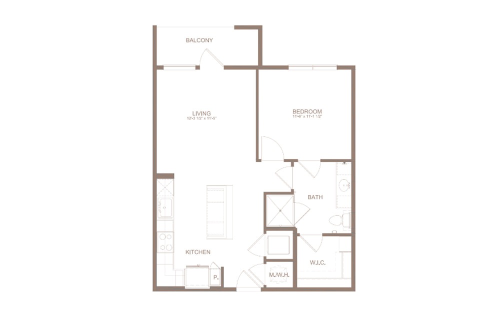 A2B - 1 bedroom floorplan layout with 1 bath and 697 square feet. (2D)