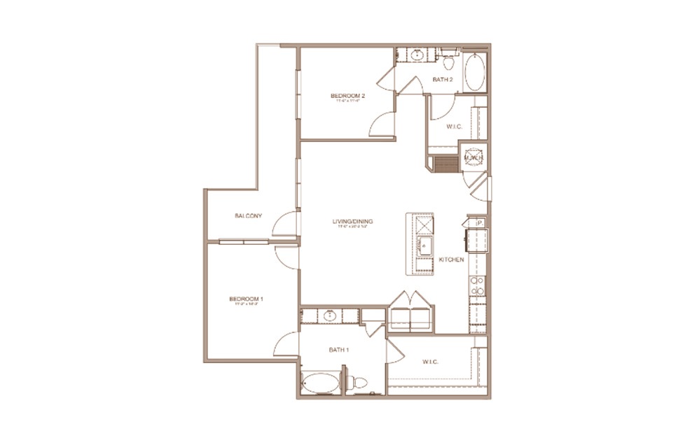 B5A - 2 bedroom floorplan layout with 2 baths and 1228 square feet. (2D)