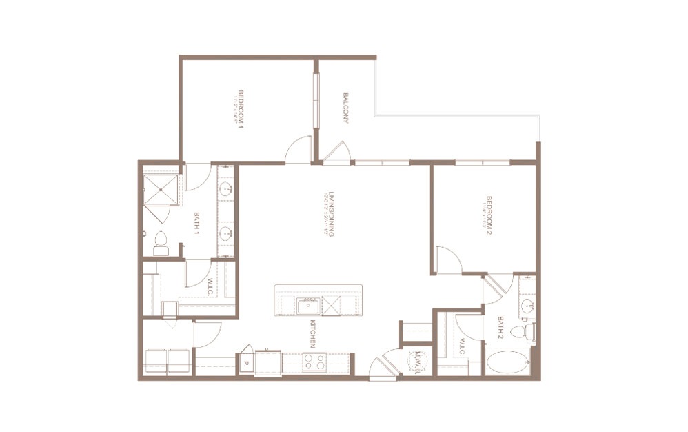 B5 - 2 bedroom floorplan layout with 2 baths and 1228 square feet. (2D)