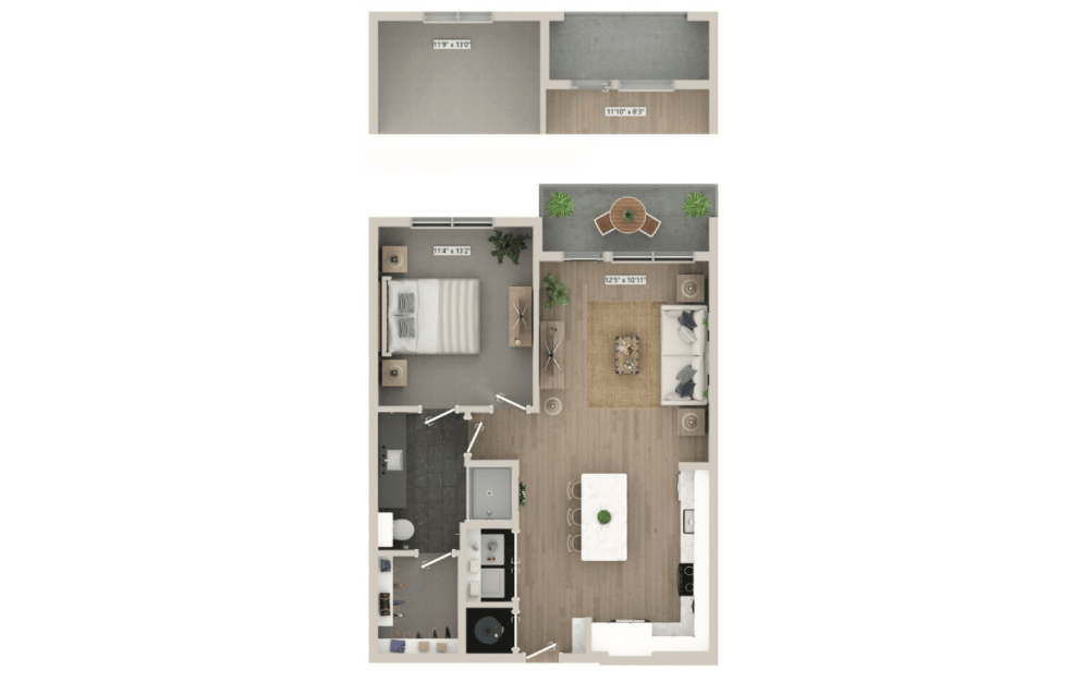 Apartment floor plan with defined living spaces at Mason + Mill