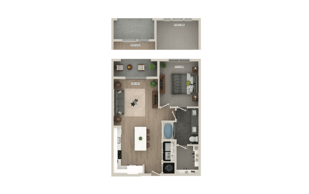 Apartment layout with bedroom and living areas at Mason + Mill, Mansfield apartments for rent